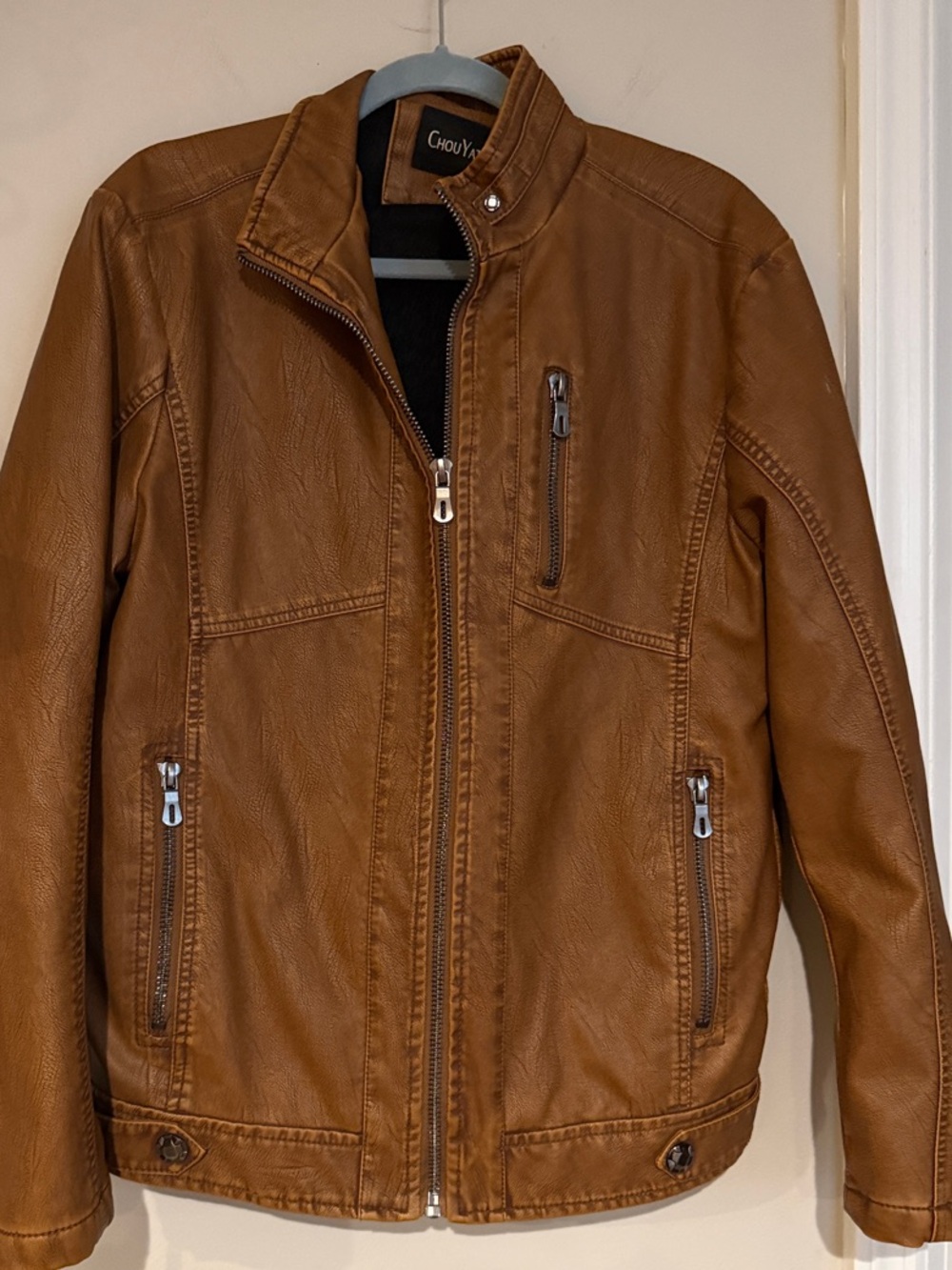 Men's Tan Faux Leather Bomber Jacket with Zipper Pockets
